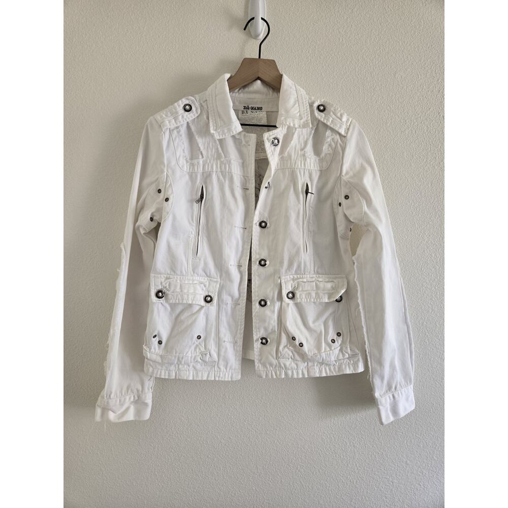 Vtg DA-NANG Da Nang Medium White Embroidered Frayed Jacket Phoenix Bird Cotton - Picture 2 of 7